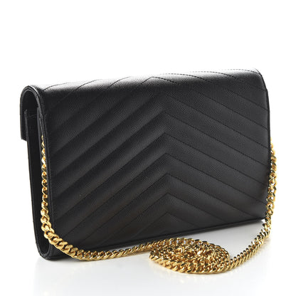 Saint Laurent Grain De Poudre Matelasse Chevron Monogram Chain Wallet Black 3 of 10