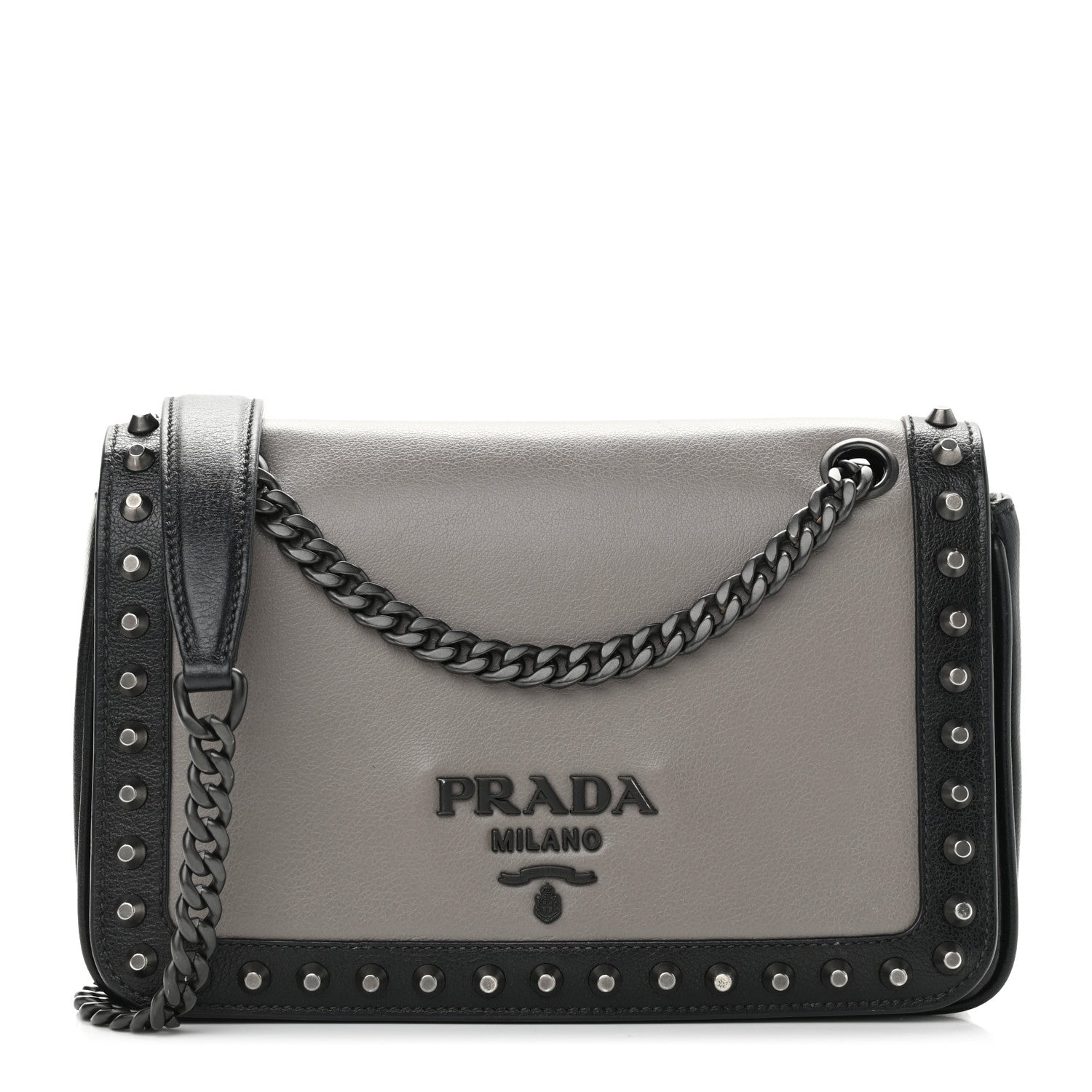 Prada Glace Calfskin Studded Crossbody Grey Black 1 of 13