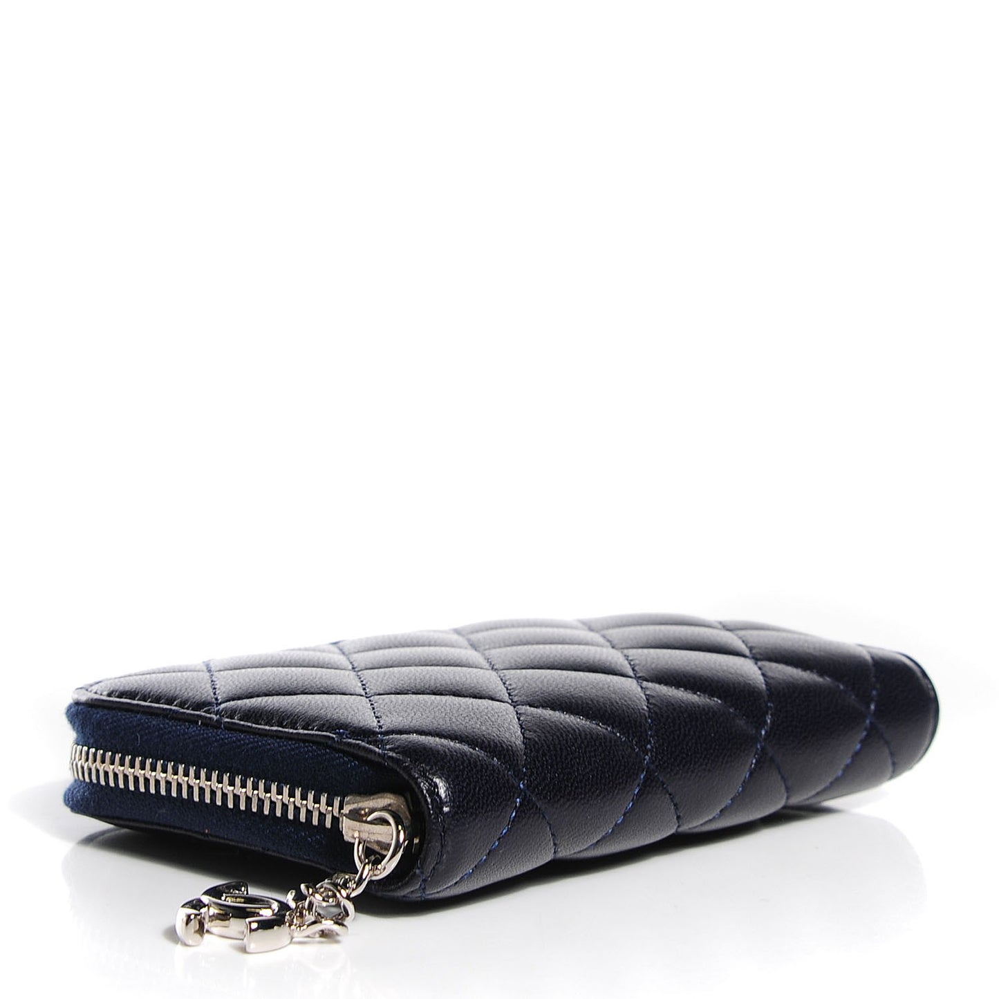 Lambskin Quilted Zip Around Card Holder Dark Navy Blue