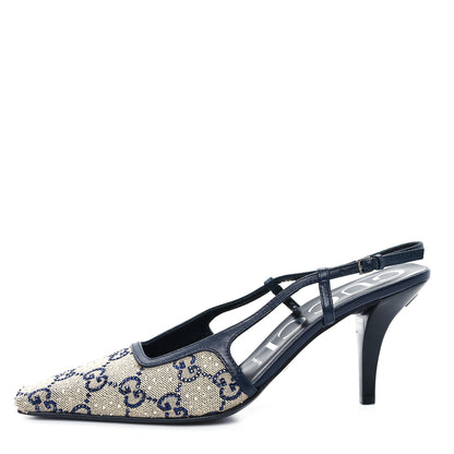 Gucci GG Monogram Malaga Kid Crystal Square G 75mm Slingback Pumps 37 Beige Blue 1 of 9