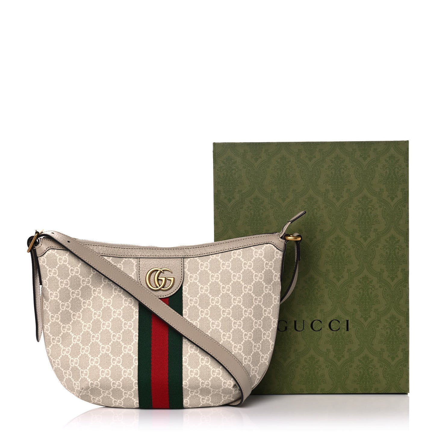 GG Supreme Monogram Textured Dollar Calfskin Web Small Ophidia Half Moon Hobo Beige Mystic White Oatmeal