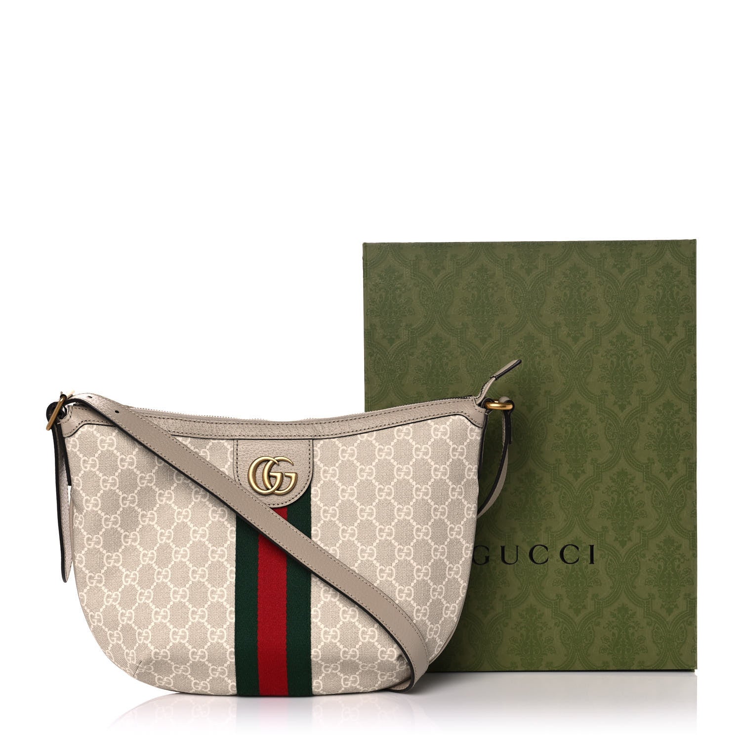 Gucci GG Supreme Monogram Textured Dollar Calfskin Web Small Ophidia Half Moon Hobo Beige Mystic White Oatmeal 11 of 11