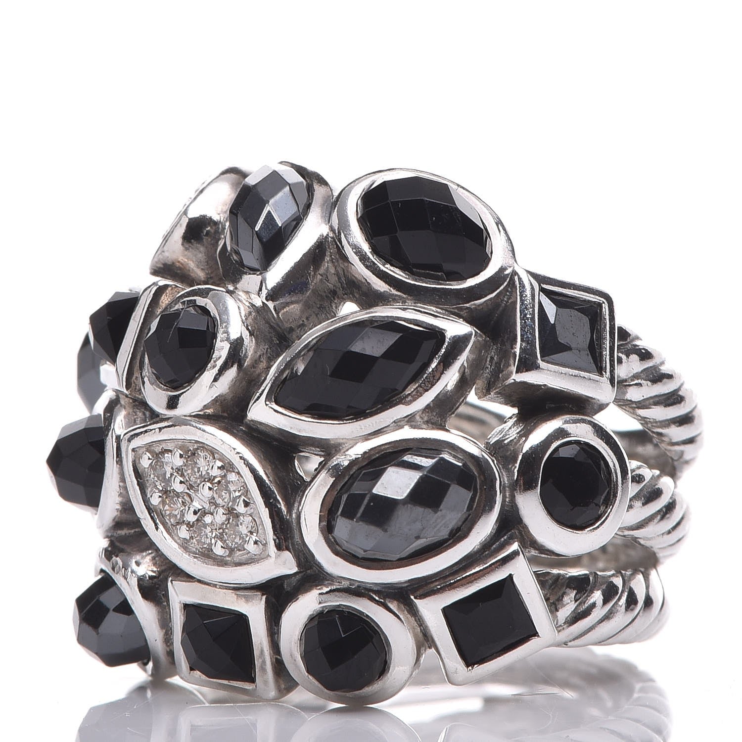 David Yurman Sterling Silver Diamond Onyx Hematite Confetti 4 Row Ring 48 4.5 3 of 5