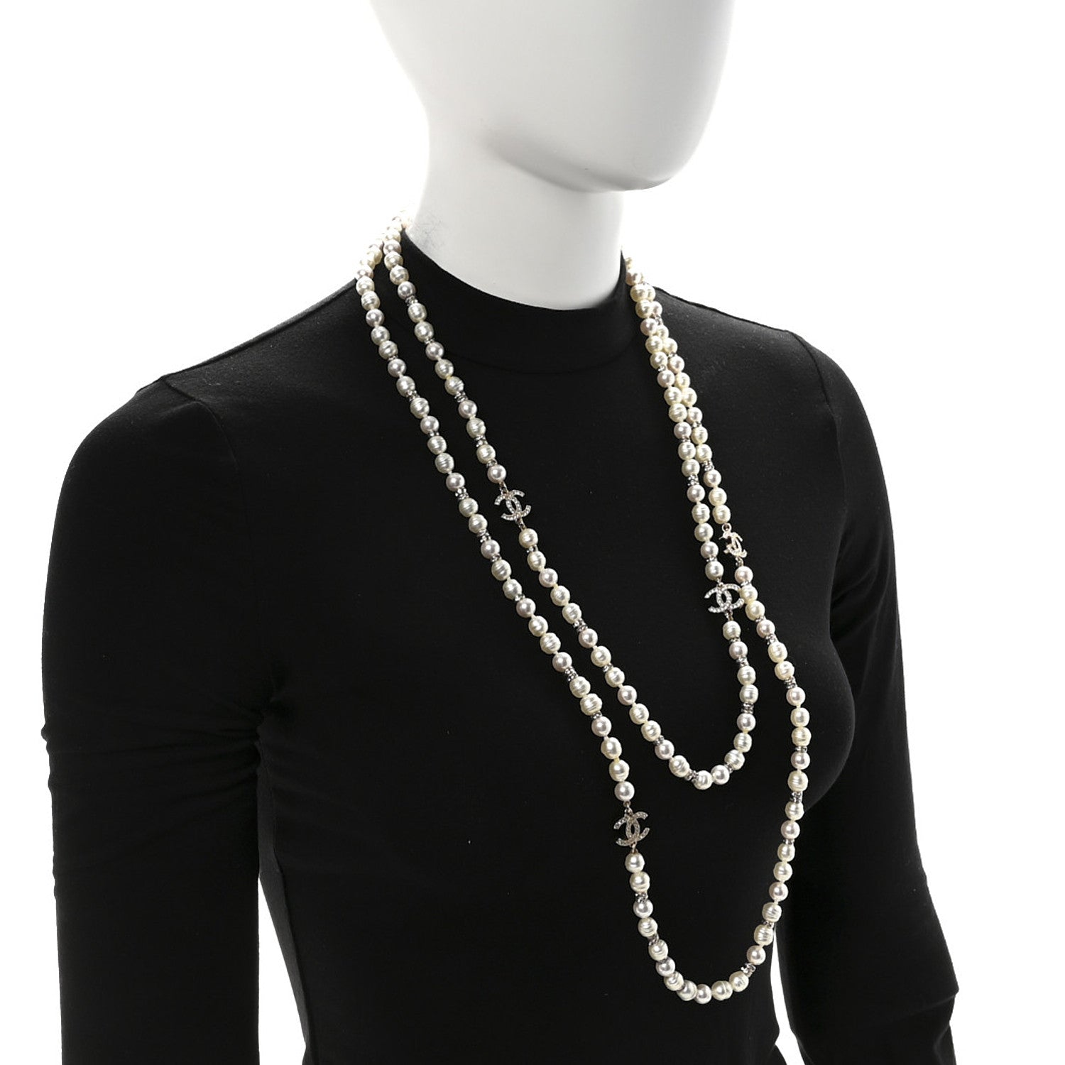 Chanel Crystal Pearl CC Long Necklace Light Gold 2 of 7