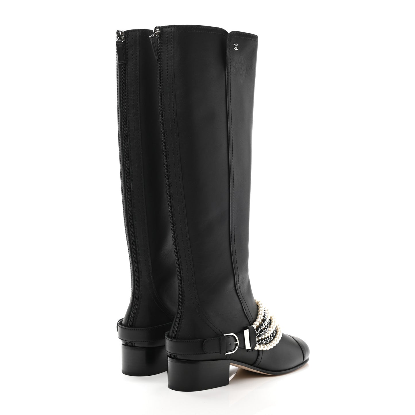 Calfskin Pearl Cap Toe High Boots 39 Black