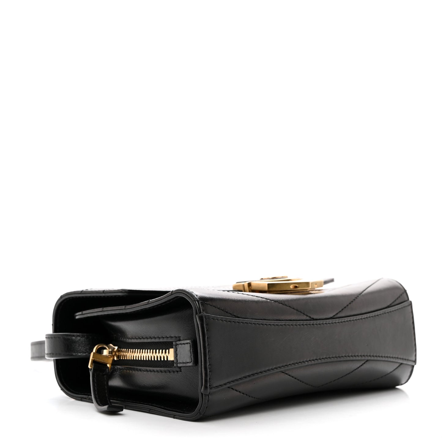 Calfskin Chevron Quilted Medal Flap Black