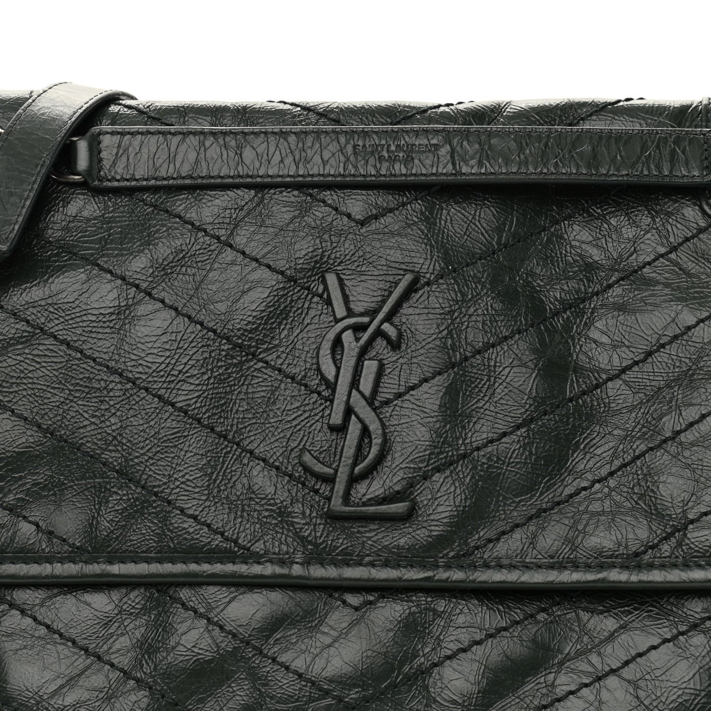 Crinkled Calfskin Matelasse Monogram Medium Niki Chain Satchel Military Olive