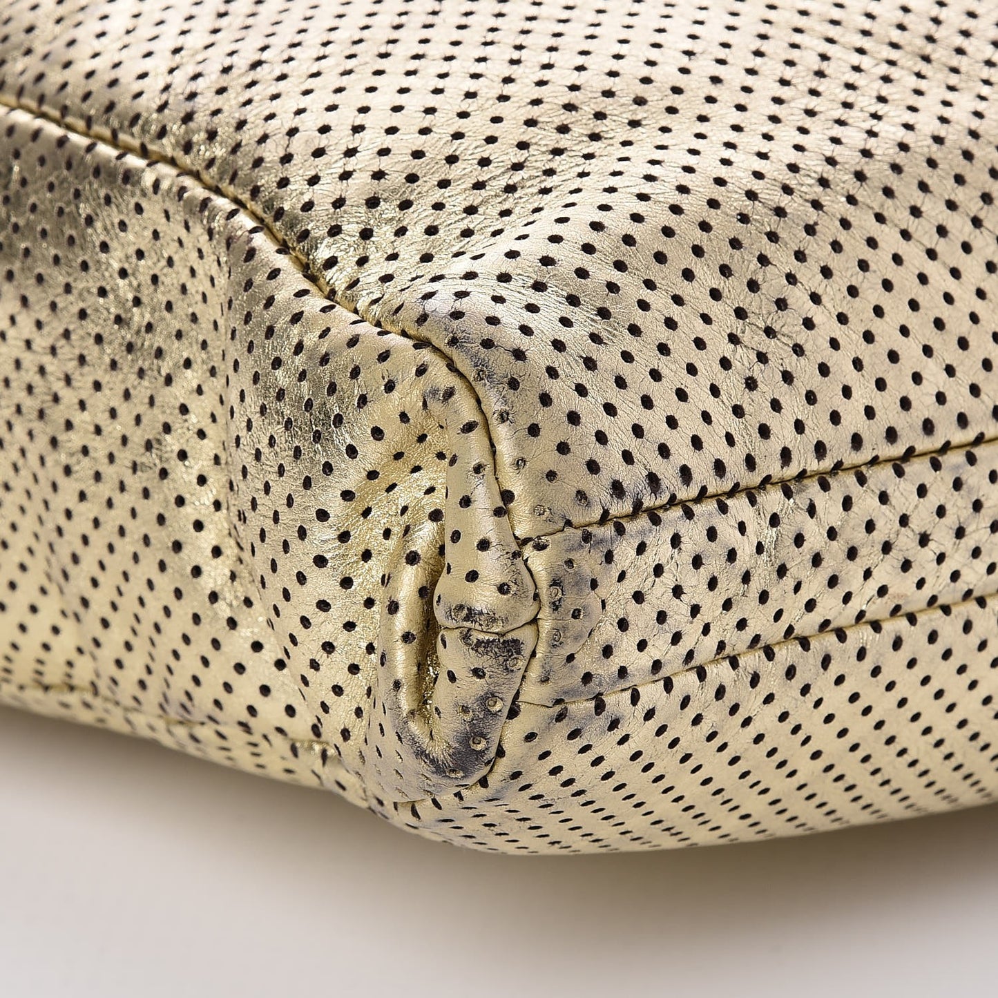 Metallic Crackled Calfskin Perforated Drill Shoulder Bag Gold