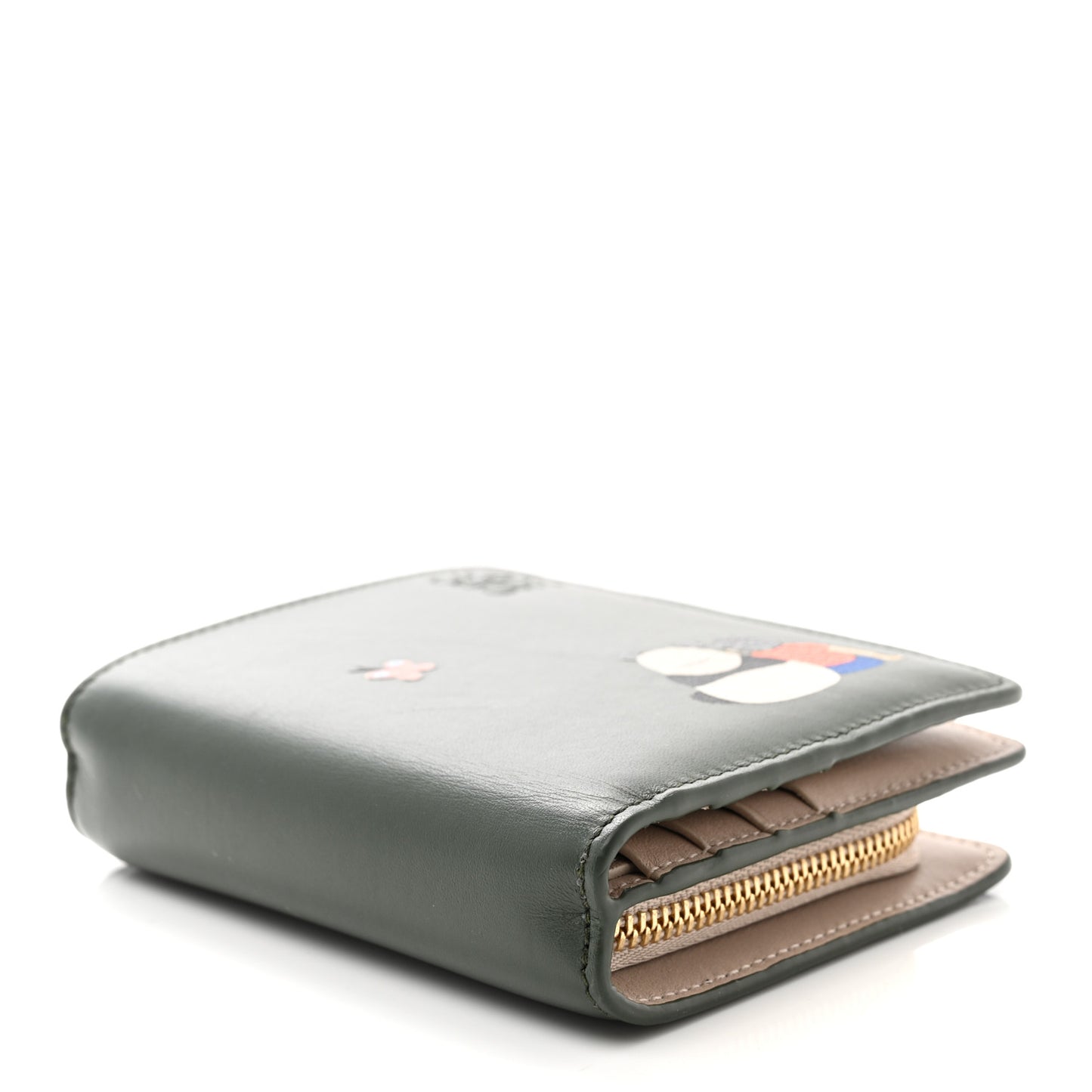 X SUNA FUJITA Satin Calfskin Panda Compact Zip Wallet Bottle Green