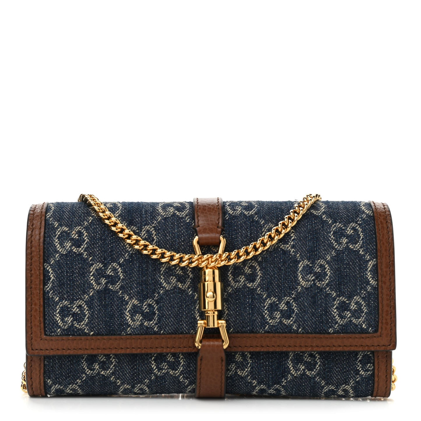 New Denim GG Monogram Jackie 1961 Chain Wallet Blue Tea Cuir