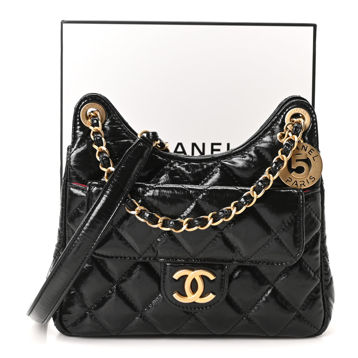 Shiny Crumpled Calfskin Quilted Small Wavy CC Hobo Black