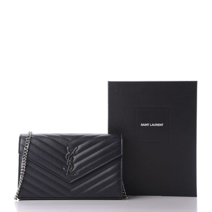 Saint Laurent Grain De Poudre Matelasse Chevron Monogram Chain Wallet Deep Marine 7 of 7