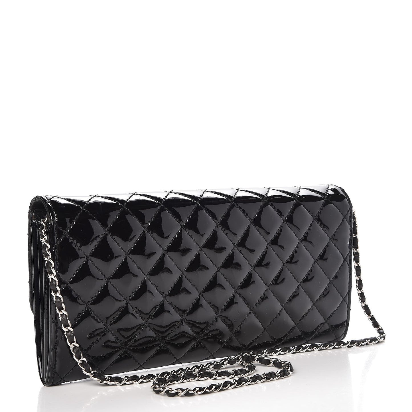 Patent Calfskin Quilted East West Flap Clutch Black