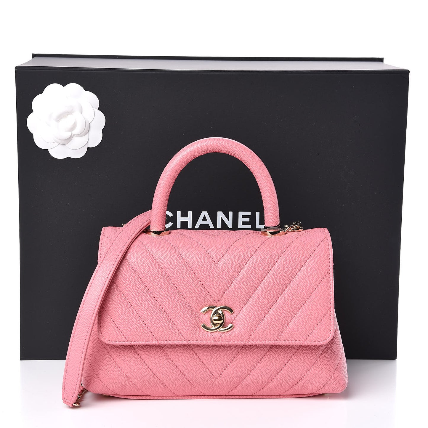 Caviar Chevron Quilted Mini Coco Handle Flap Pink