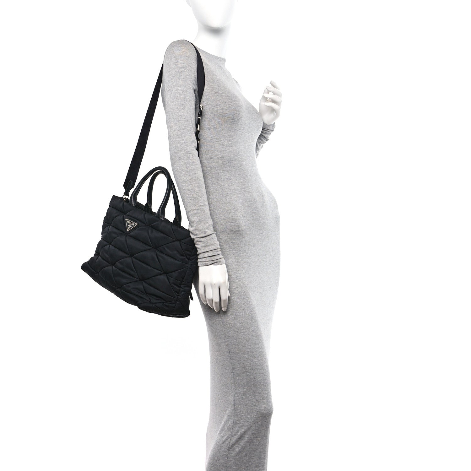 Prada Re-Nylon Nappa Triangle Quilted Padded Medium Double Handled Zip Tote Black 2 of 9