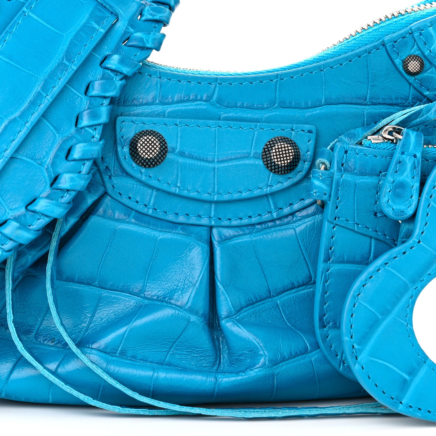Balenciaga Extra Supple Calfskin Crocodile Embossed Le Cagole Shoulder Bag XS Turquoise 8 of 10