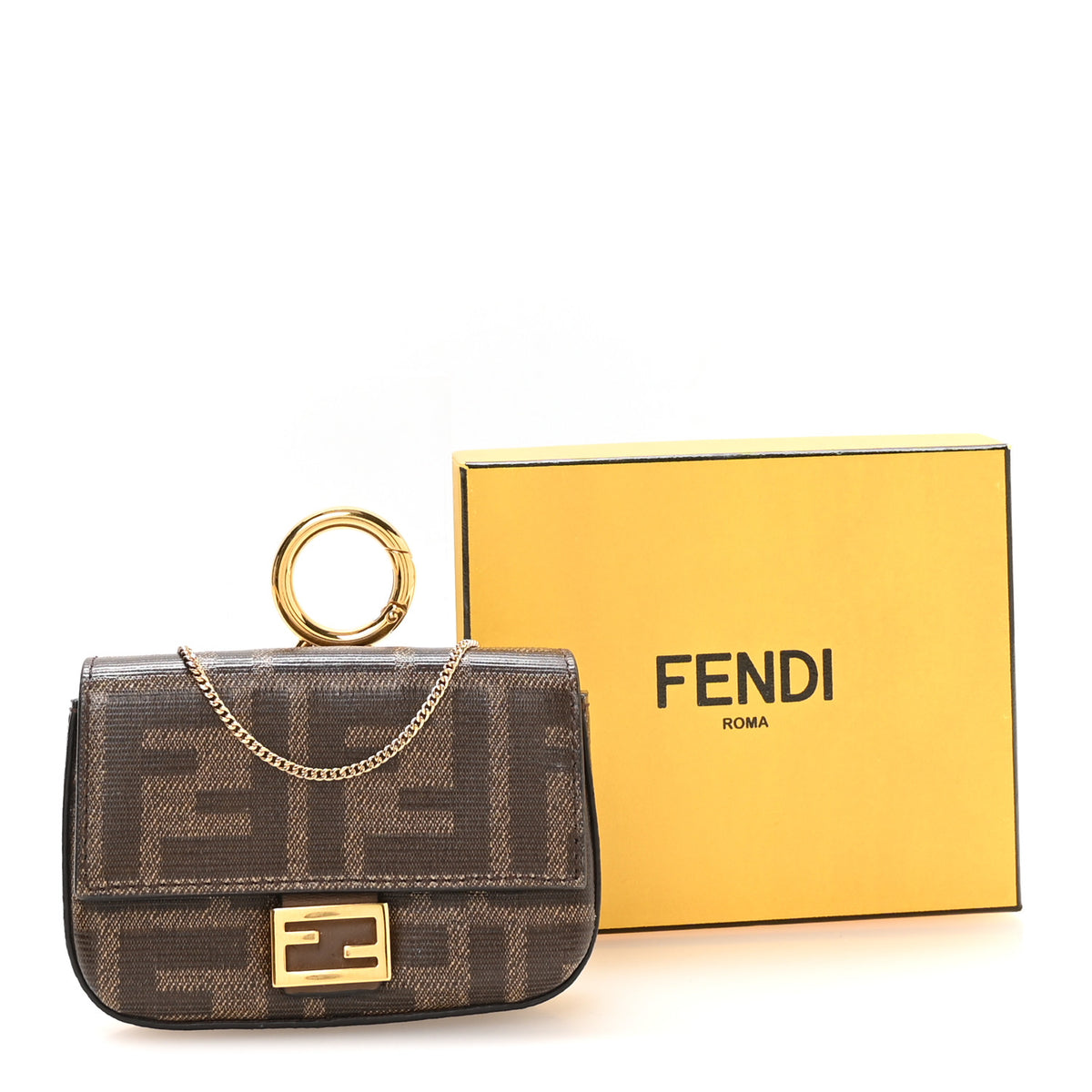 Fendi Glazed Fabric FF 1974 Nano Baguette Charm Mogano Panna 10 of 10