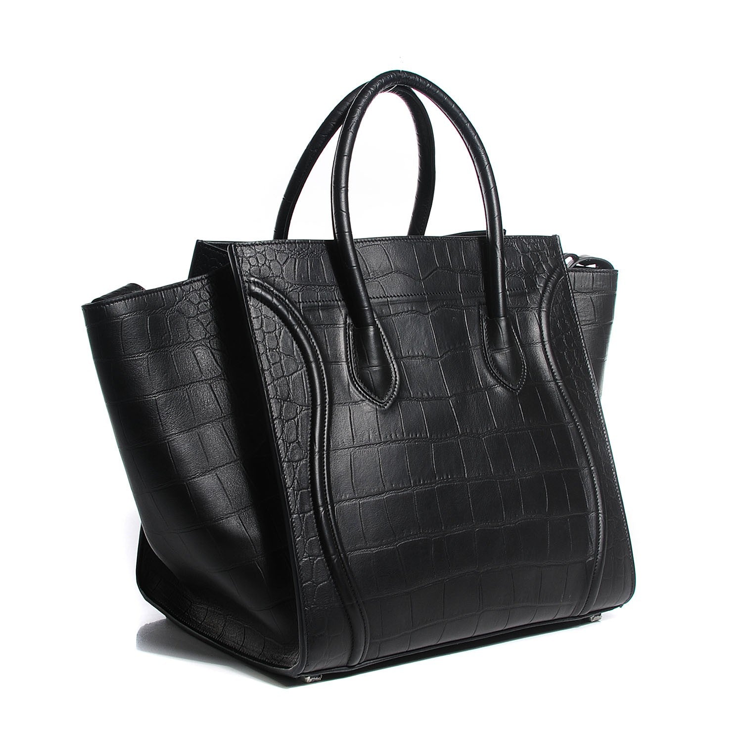 Celine Crocodile Embossed Calfskin Medium Phantom Luggage Black 3 of 8