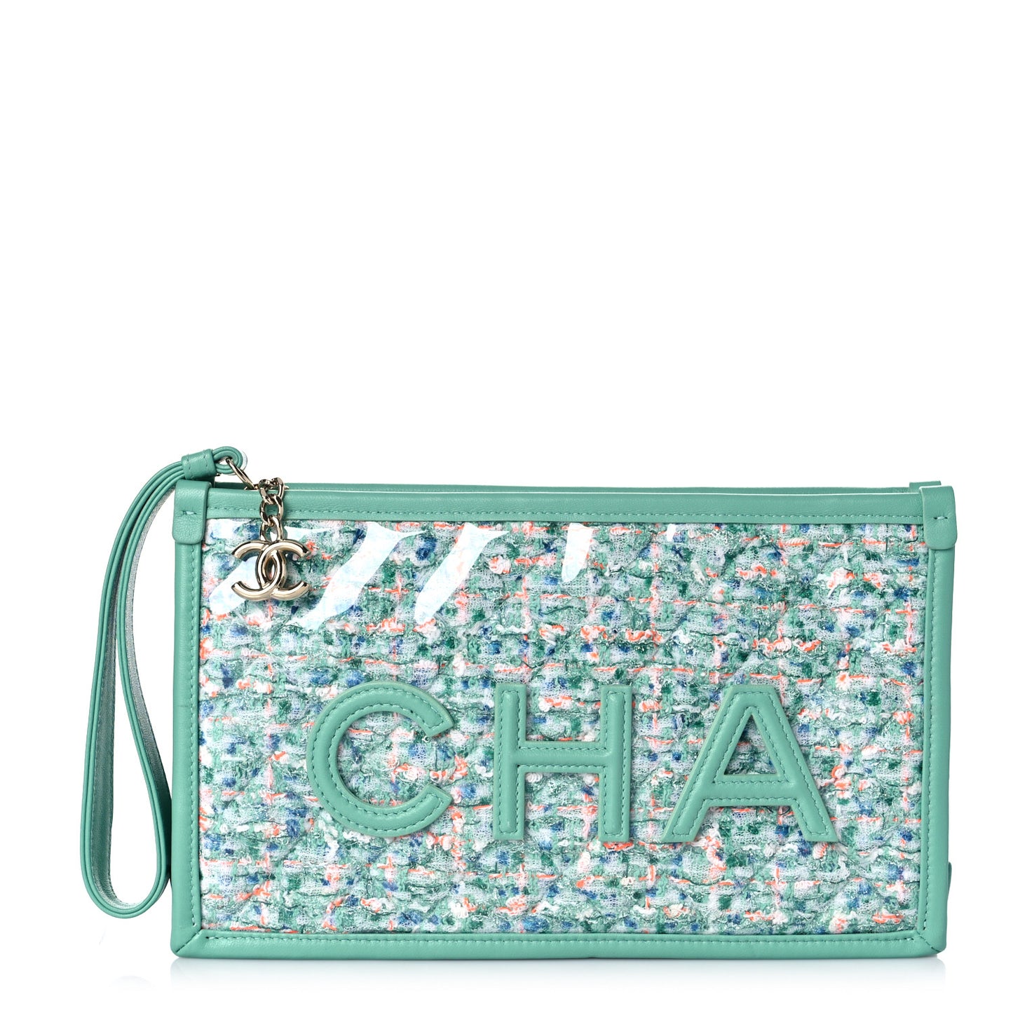 Tweed Lambskin PVC Quilted Wristlet Pouch Green