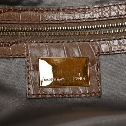 Fendi Satin Calfskin Crystal Crocodile Embossed Baguette Grey 6 of 10
