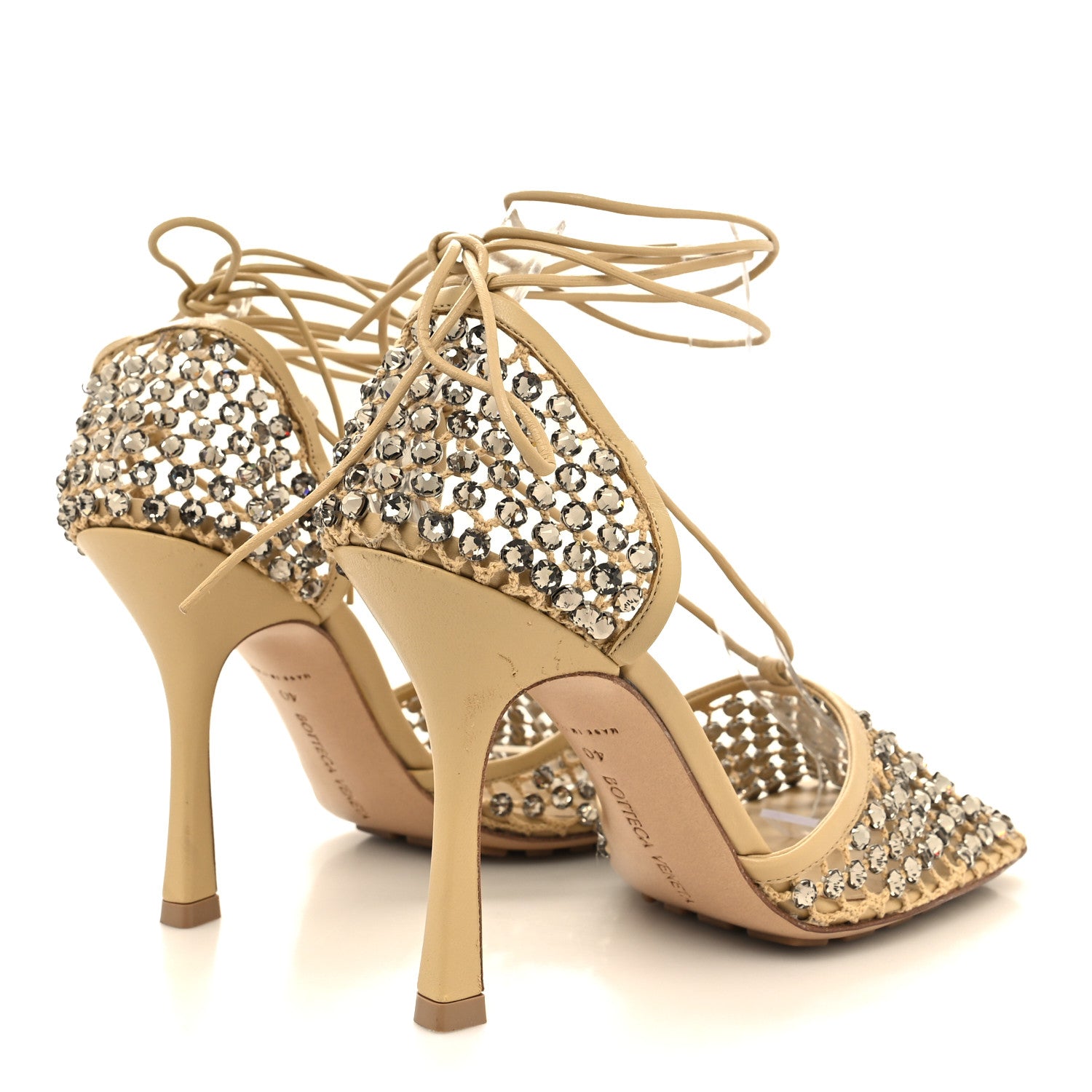 Bottega Veneta Mesh Nappa Crystal Embellished Sparkle Stretch Ankle Tie 90mm Sandals 40 Cane Sugar 4 of 7