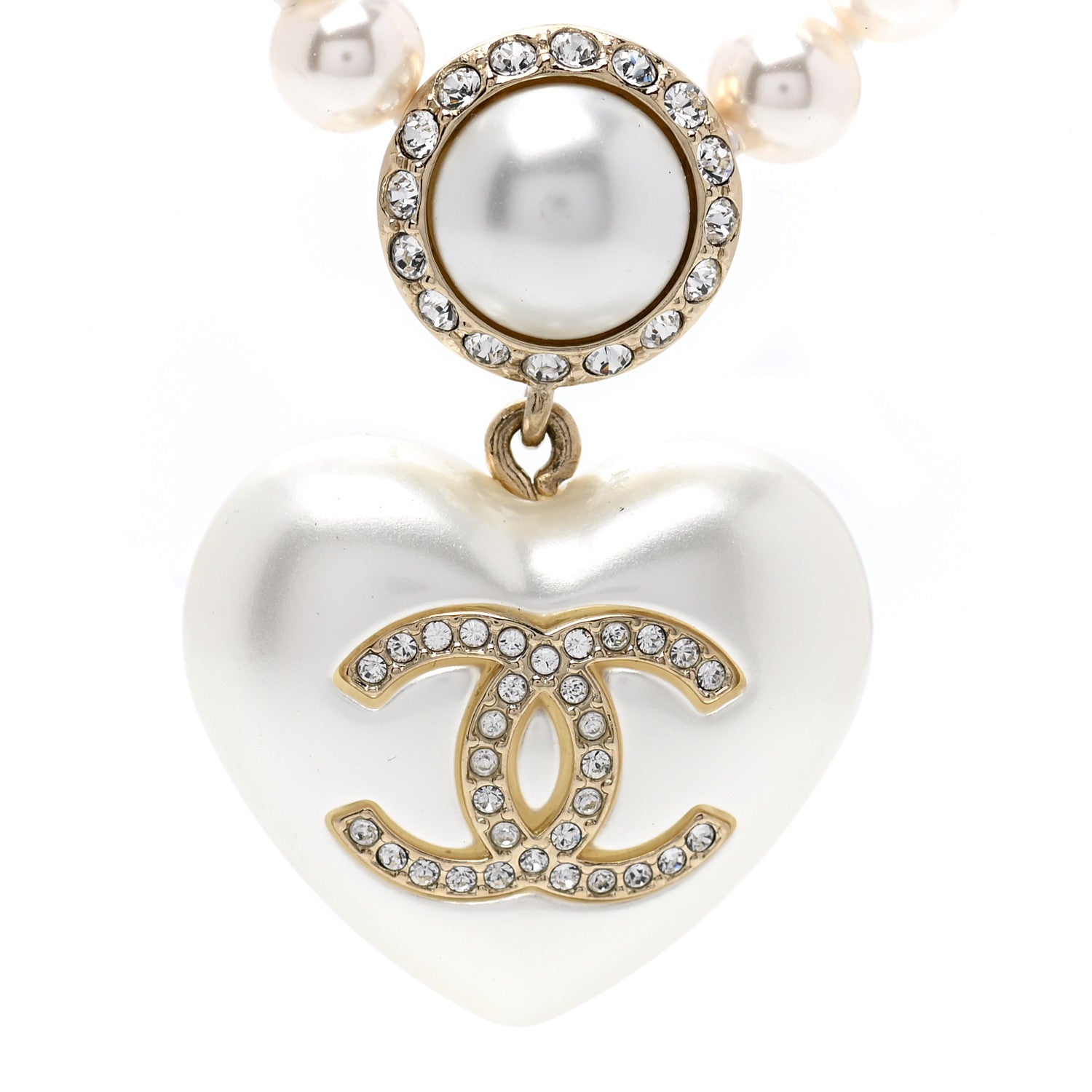 Chanel Pearl Crystal CC Heart Short Necklace Pearly White Gold 4 of 7