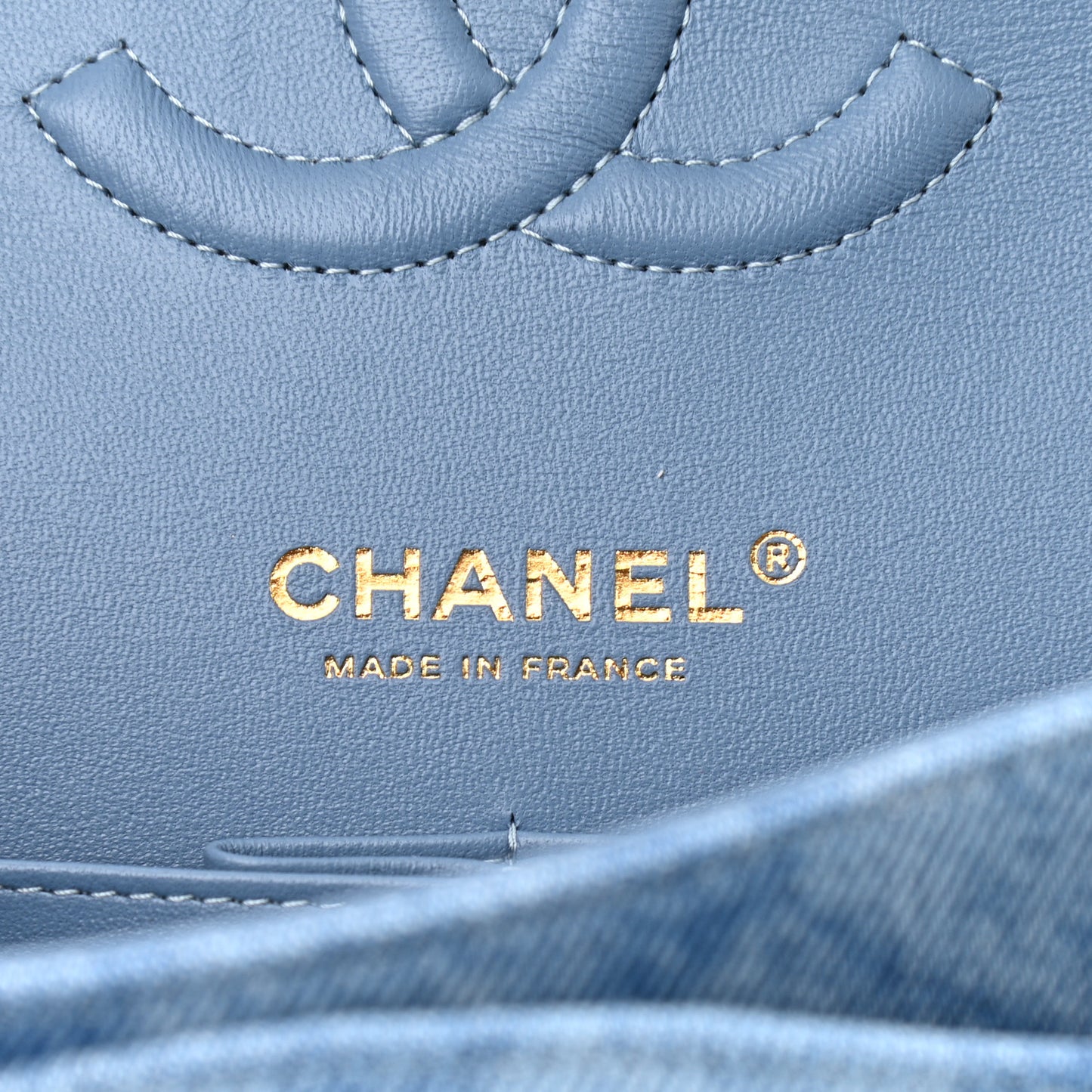 Printed Denim Quilted Medium Double Flap Light Blue