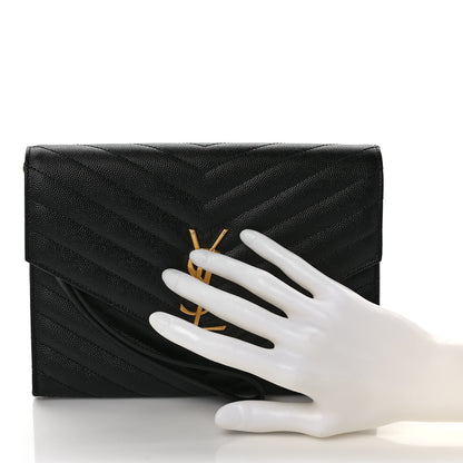 Saint Laurent Grain De Poudre Matelasse Chevron Monogram Envelope Clutch Black 3 of 9