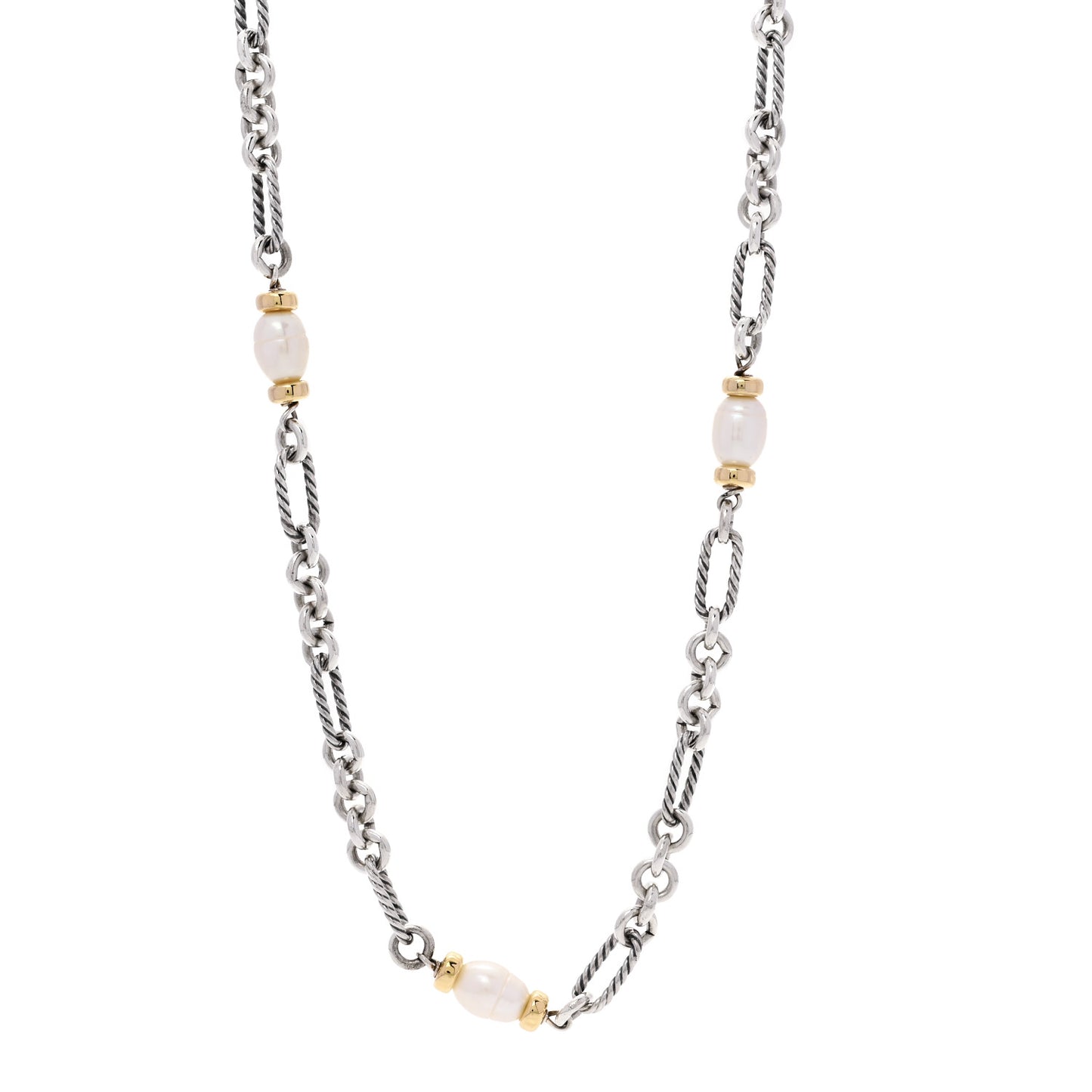 Sterling Silver 18K Yellow Gold Baroque Pearl Long Figaro Chain Necklace