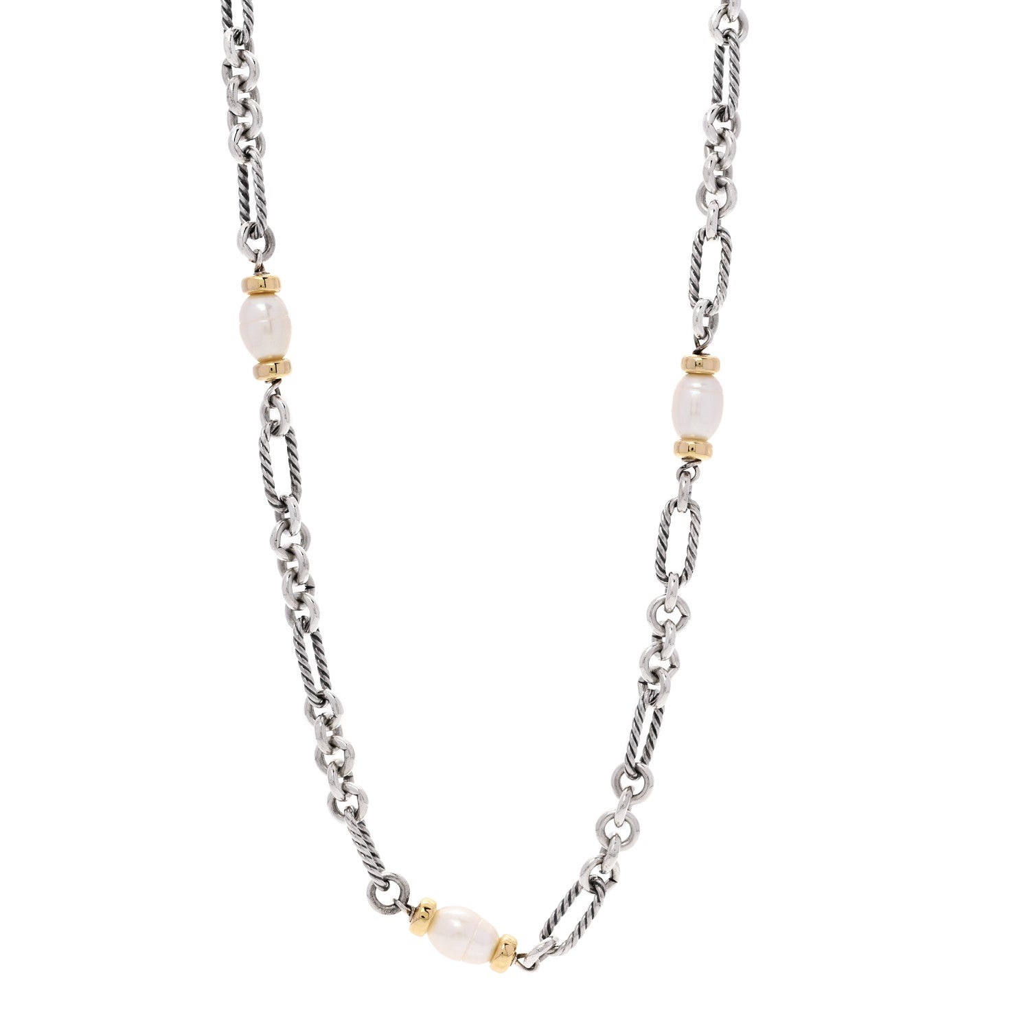 David Yurman Sterling Silver 18K Yellow Gold Baroque Pearl Long Figaro Chain Necklace 1 of 5