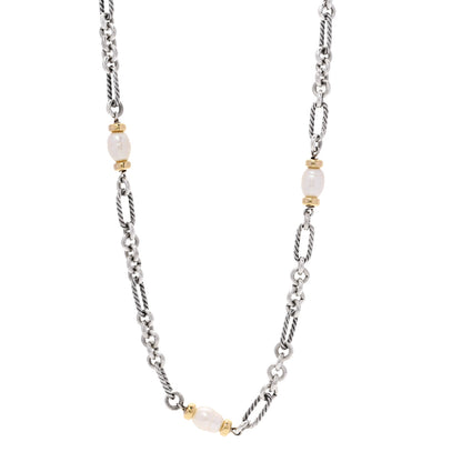 David Yurman Sterling Silver 18K Yellow Gold Baroque Pearl Long Figaro Chain Necklace 1 of 5