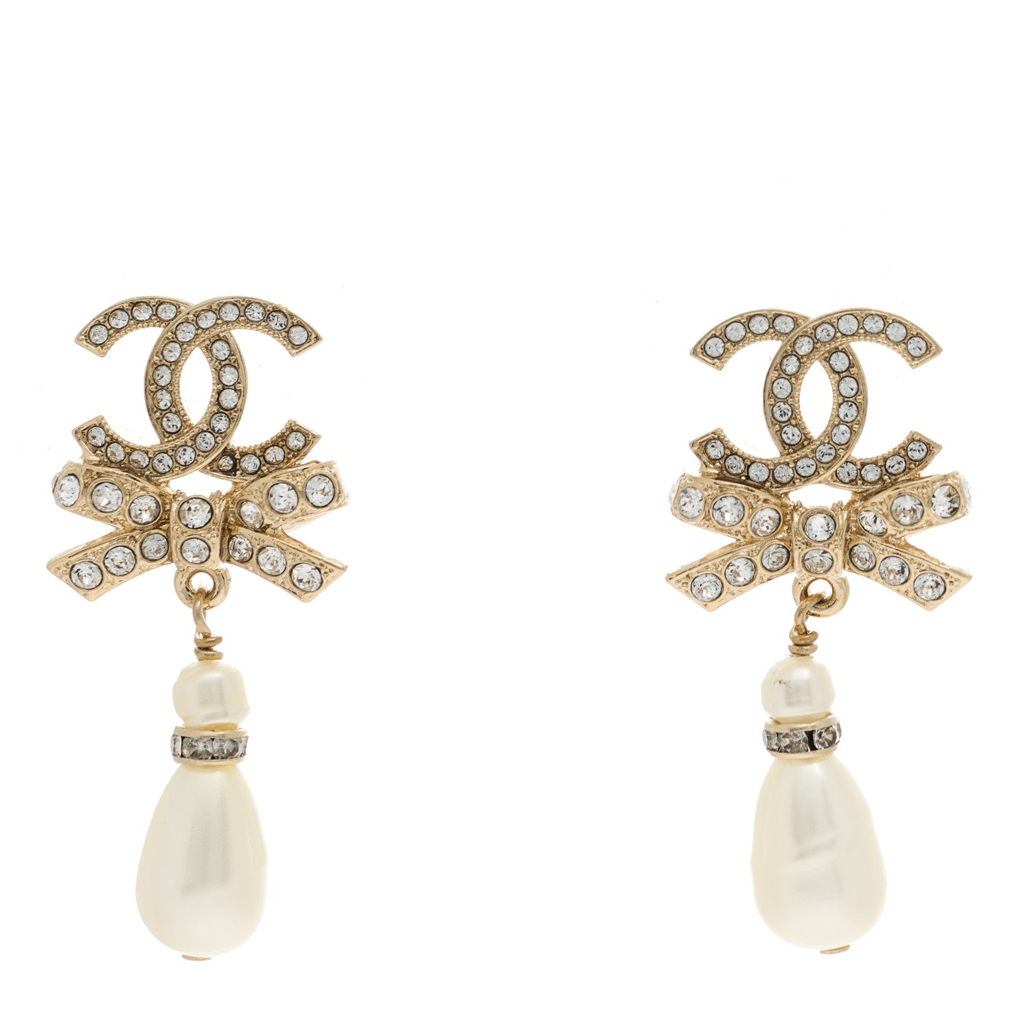 Chanel Crystal CC Bow Pearl Drop Earrings Gold Pearly White 1 of 5