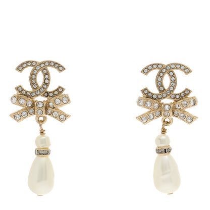 Chanel Crystal CC Bow Pearl Drop Earrings Gold Pearly White 1 of 5