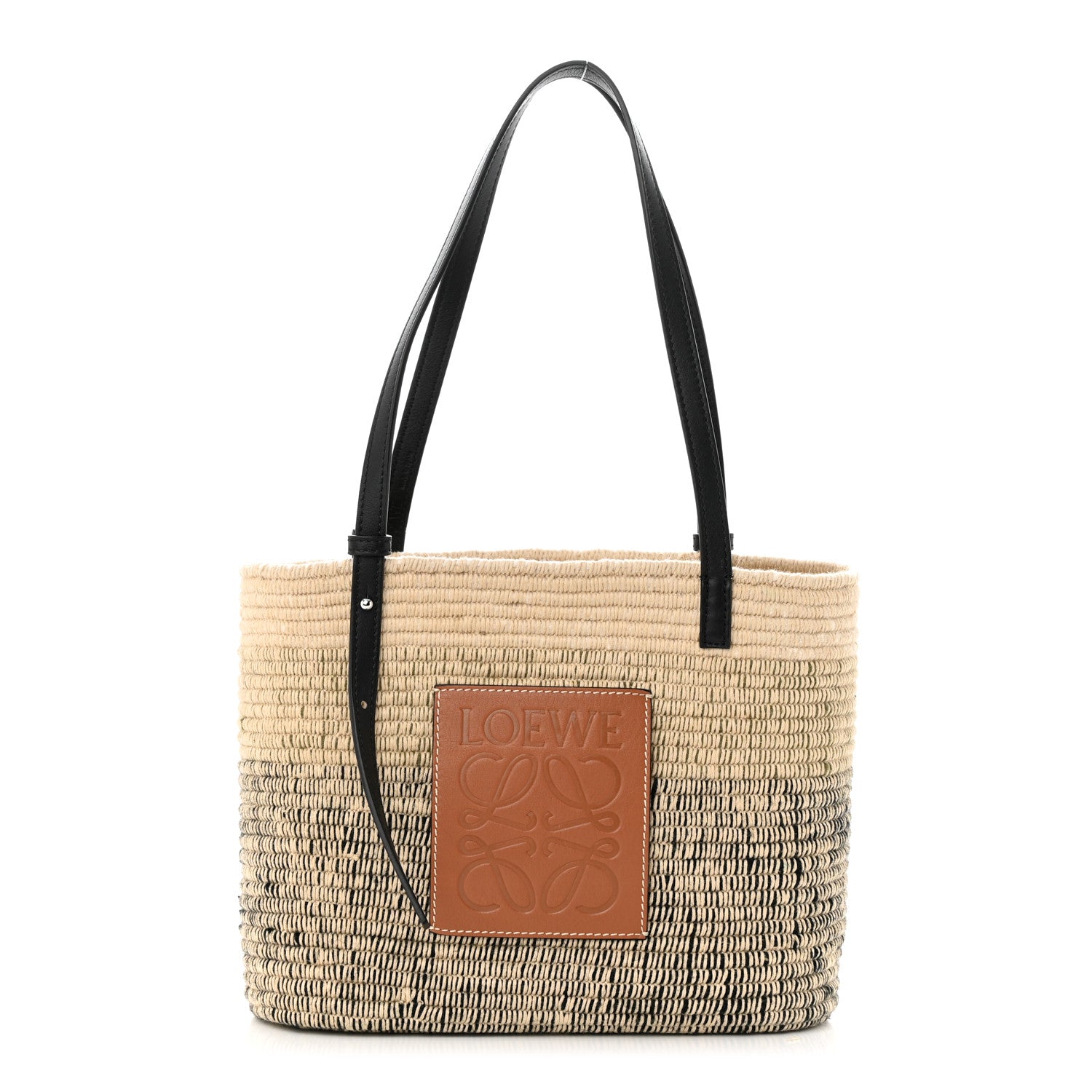 front view image of a LOEWE Raffia Square Small Basket Tote Bag in the color Ombre Black by FASHIONPHILE