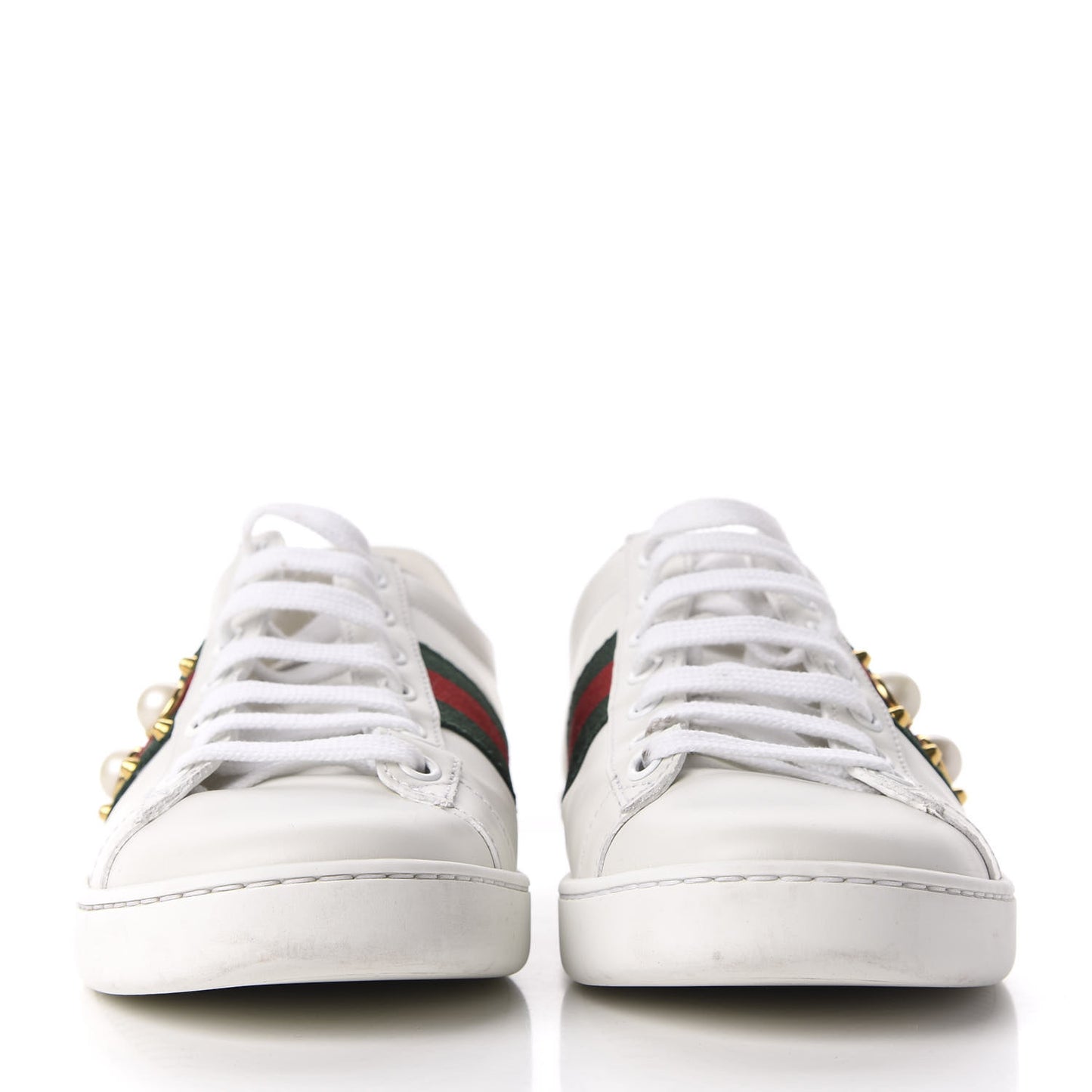 Calfskin Web Pearl Studded Womens Ace Sneakers 38 White