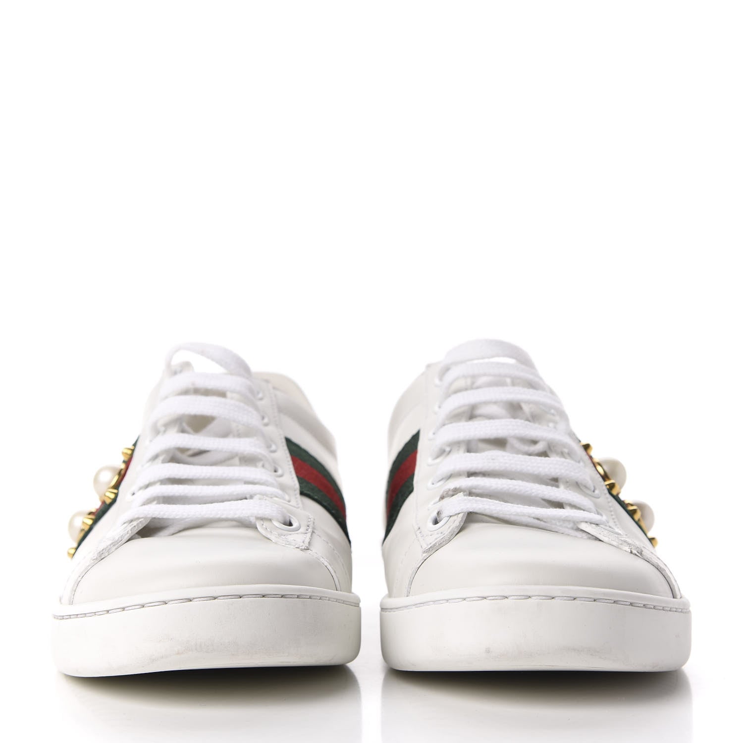 Gucci Calfskin Web Pearl Studded Womens Ace Sneakers 38 White 3 of 14
