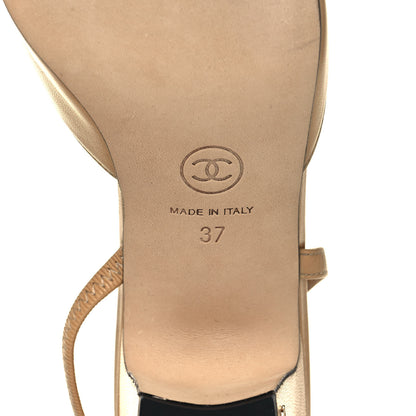 Chanel Goatskin Grosgrain Cap Toe CC Slingback Pumps 37 Beige Black 6 of 9