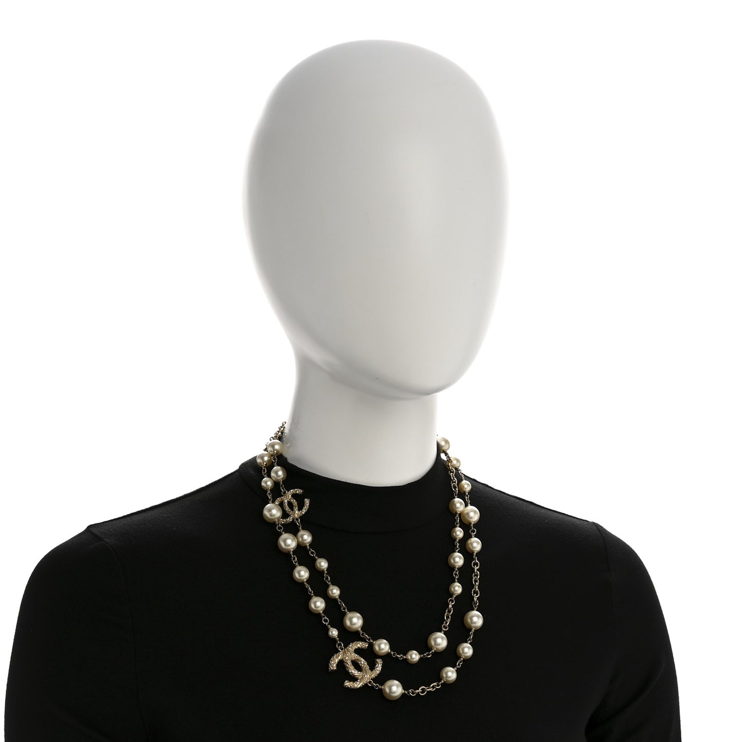 Graduated Pearl Crystal Twisted CC Long Necklace Gold