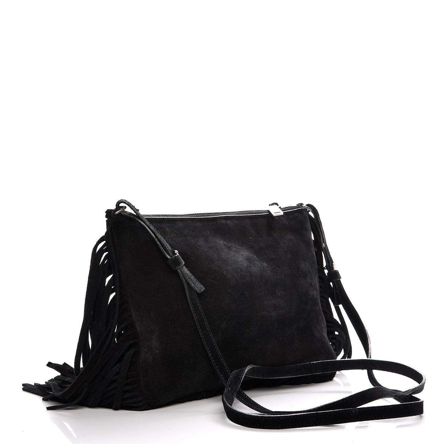 Suede Calfskin Small Fringe Crossbody Bag Black
