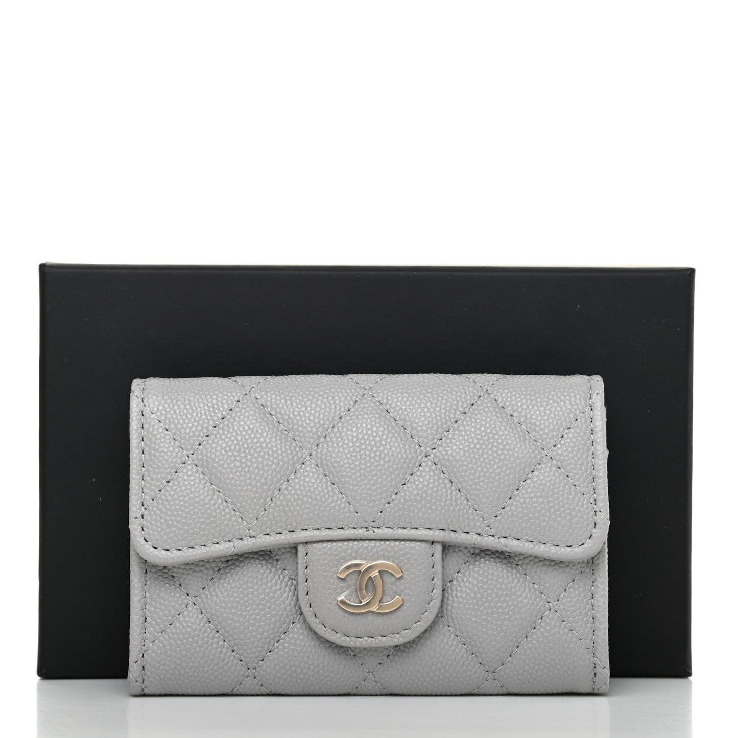Caviar Quilted Flap Card Holder Wallet Grey