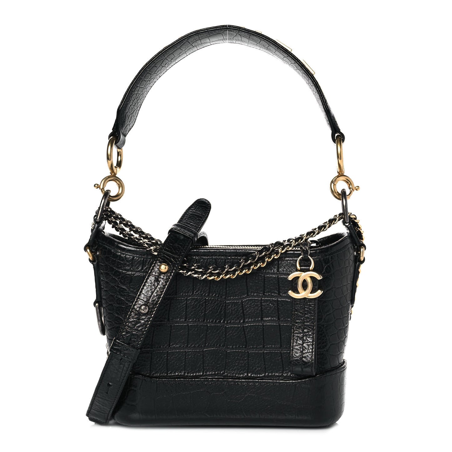 Calfskin Crocodile Embossed Small Gabrielle Cocodile Hobo Black