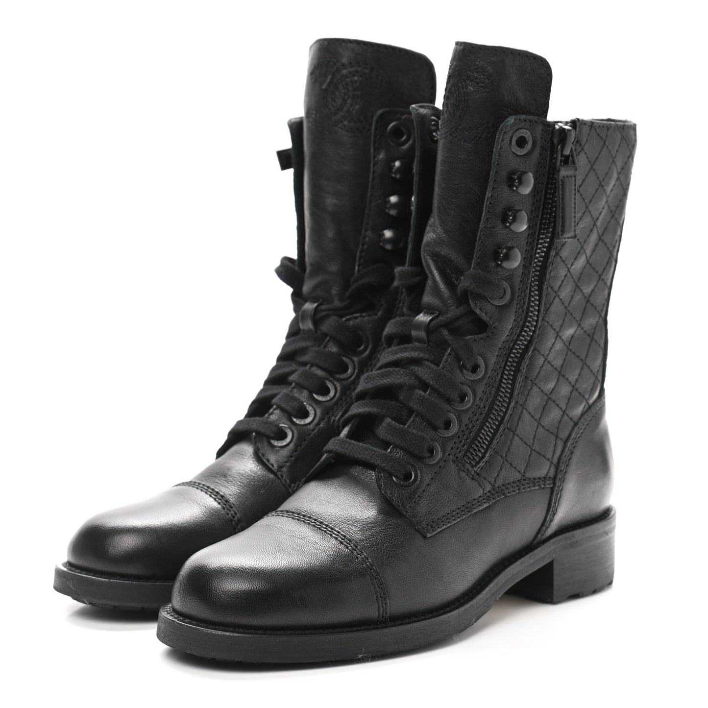 Calfskin Quilted Lace Up Combat Boots 37 Black