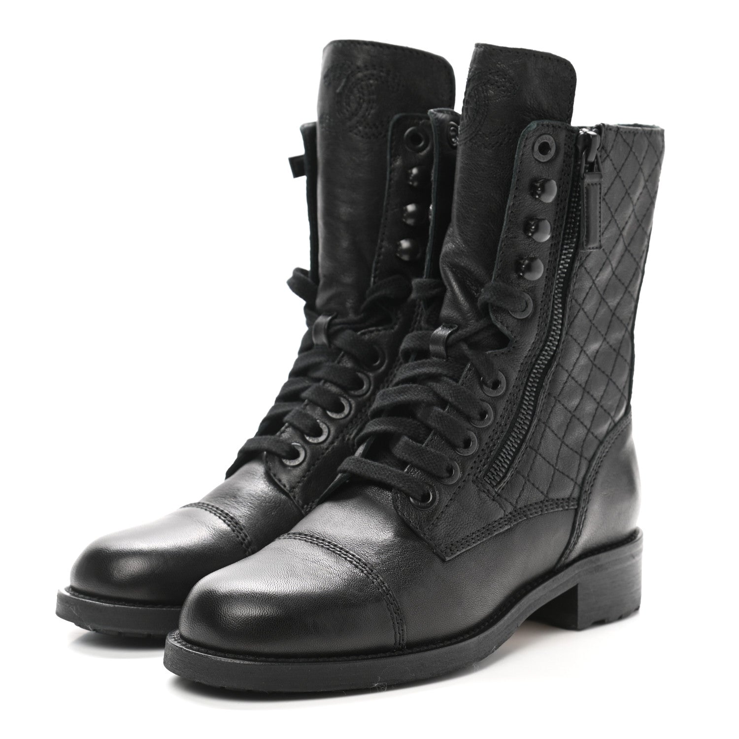 Chanel Calfskin Quilted Lace Up Combat Boots 37 Black 3 of 9