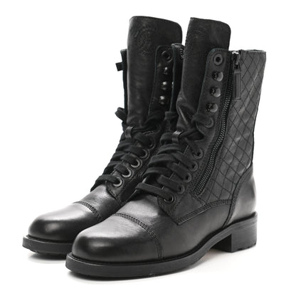 Chanel Calfskin Quilted Lace Up Combat Boots 37 Black 3 of 9
