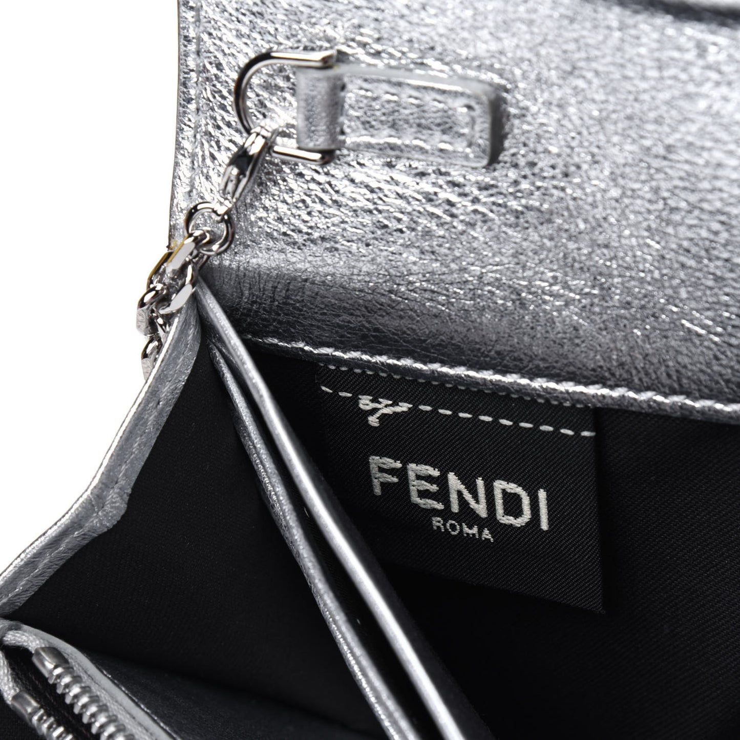 Vitello Soft Catalan Mirror F is Fendi Bi-Color FF 1974 Embossed Continental Envelope Wallet On Chain Maya Black Argento