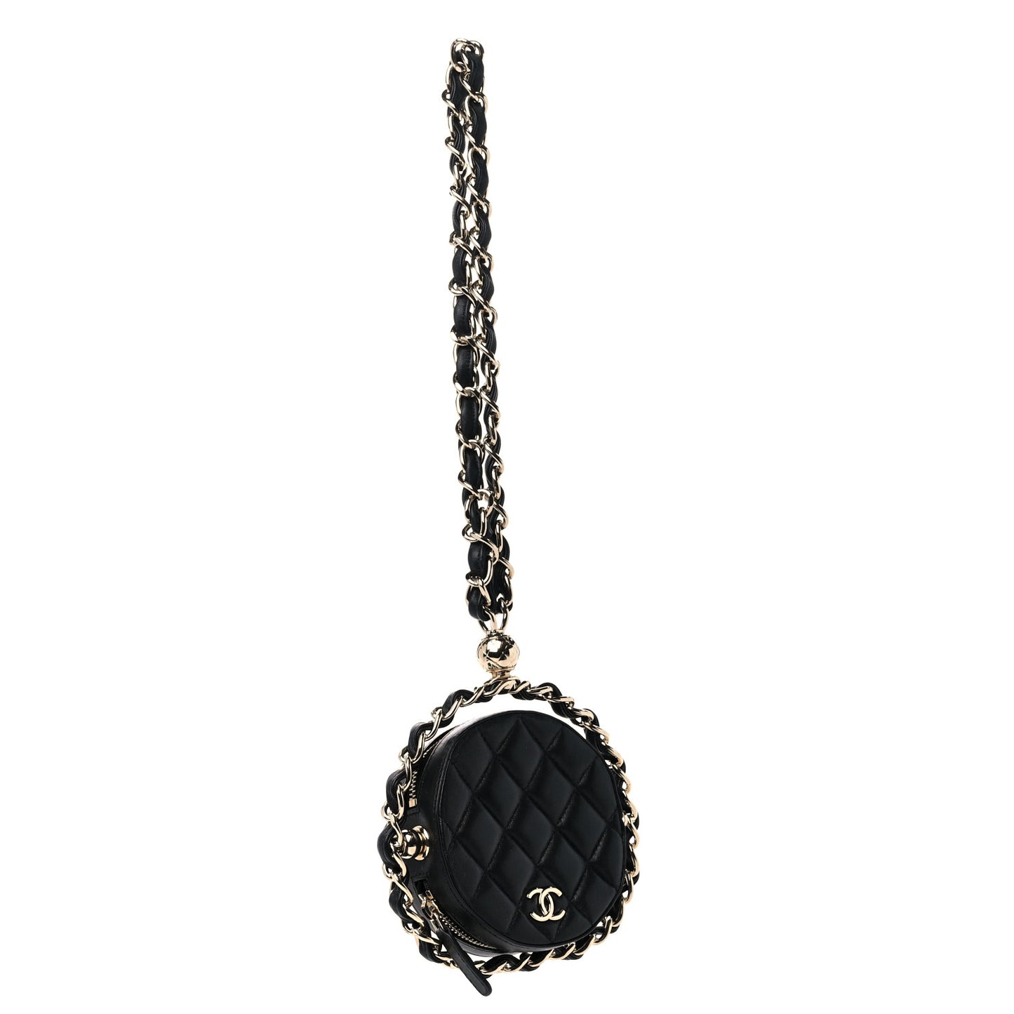 Lambskin Quilted Chain Round Clutch Black