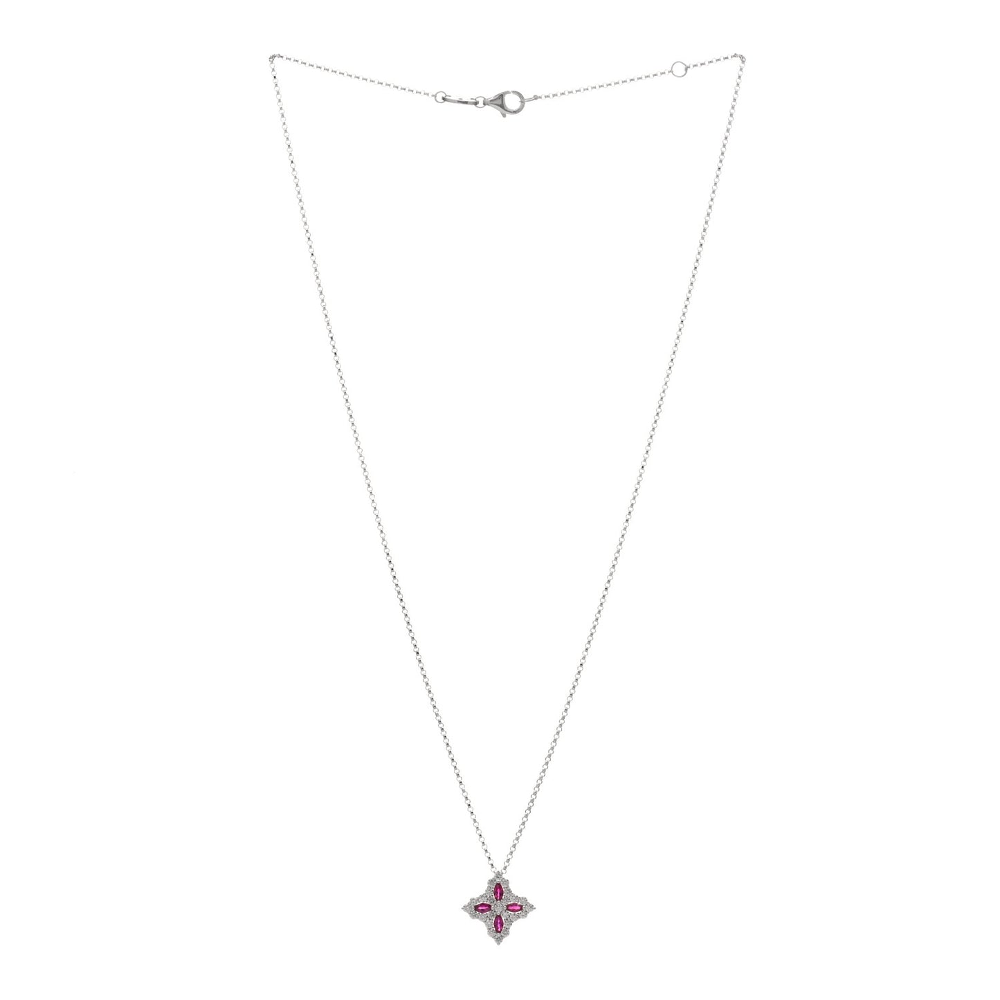 18K White Gold Diamond Ruby Princess Flower Pendant Necklace
