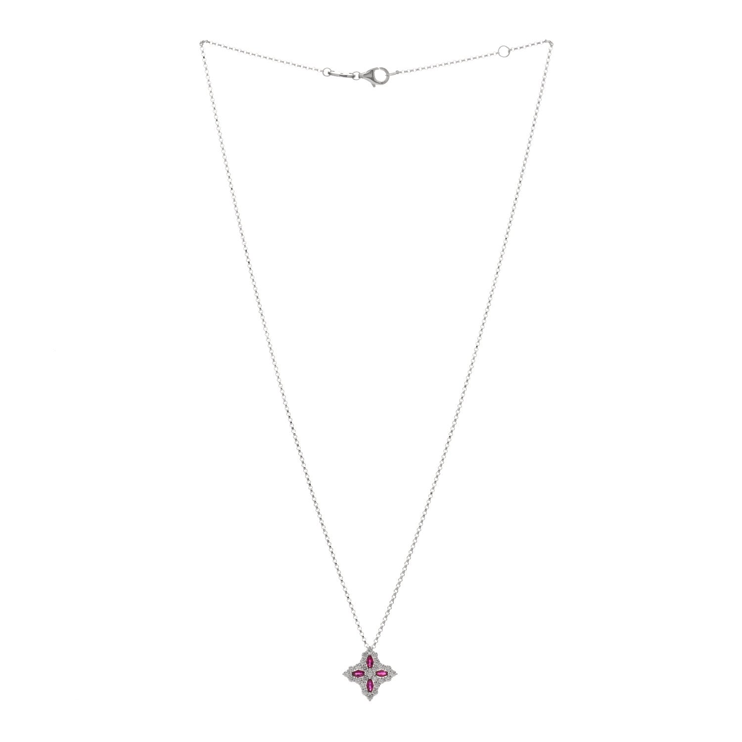 Roberto Coin 18K White Gold Diamond Ruby Princess Flower Pendant Necklace 3 of 7
