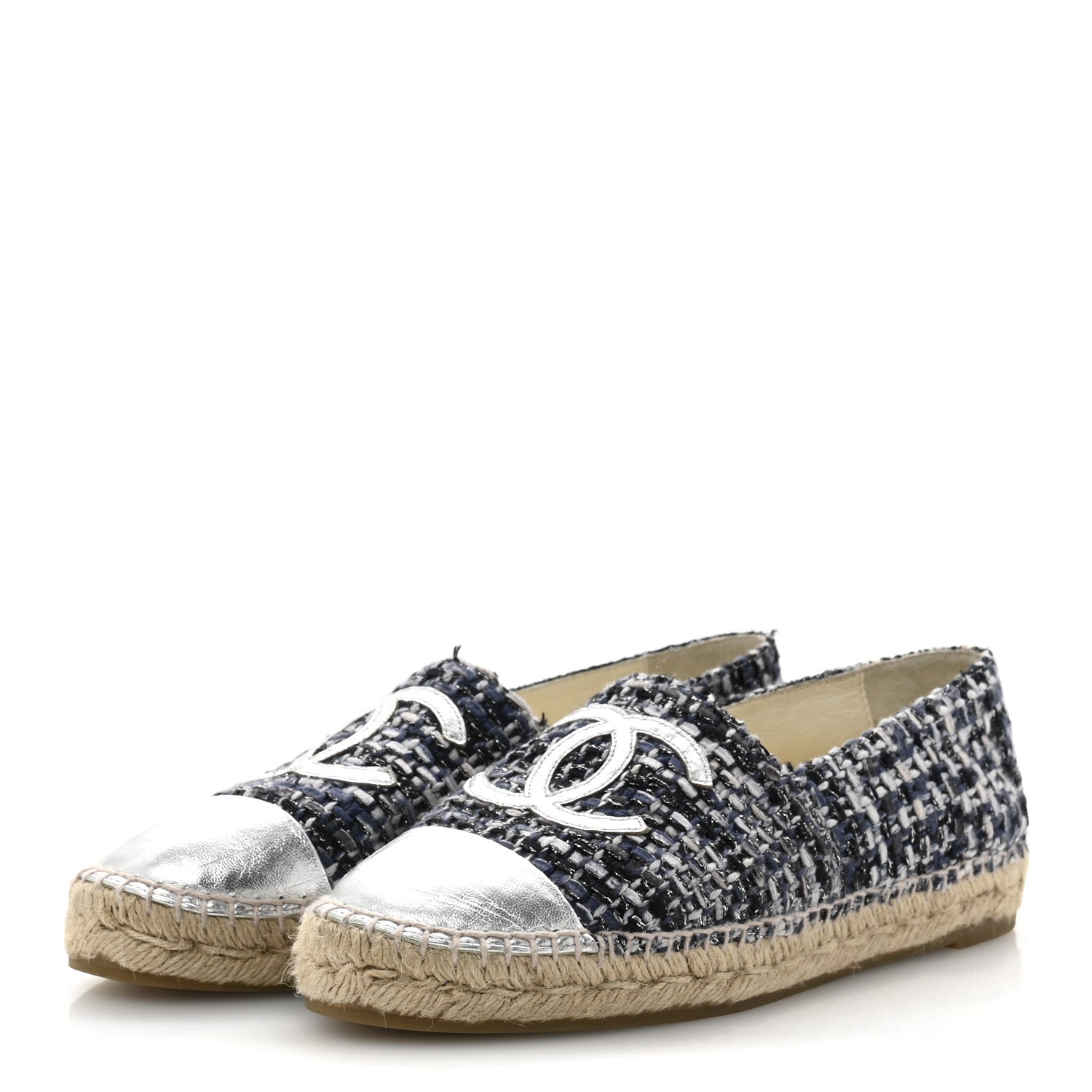 Chanel Metallic Tweed Lambskin CC Espadrilles 39 Blue Black Silver 4 of 11