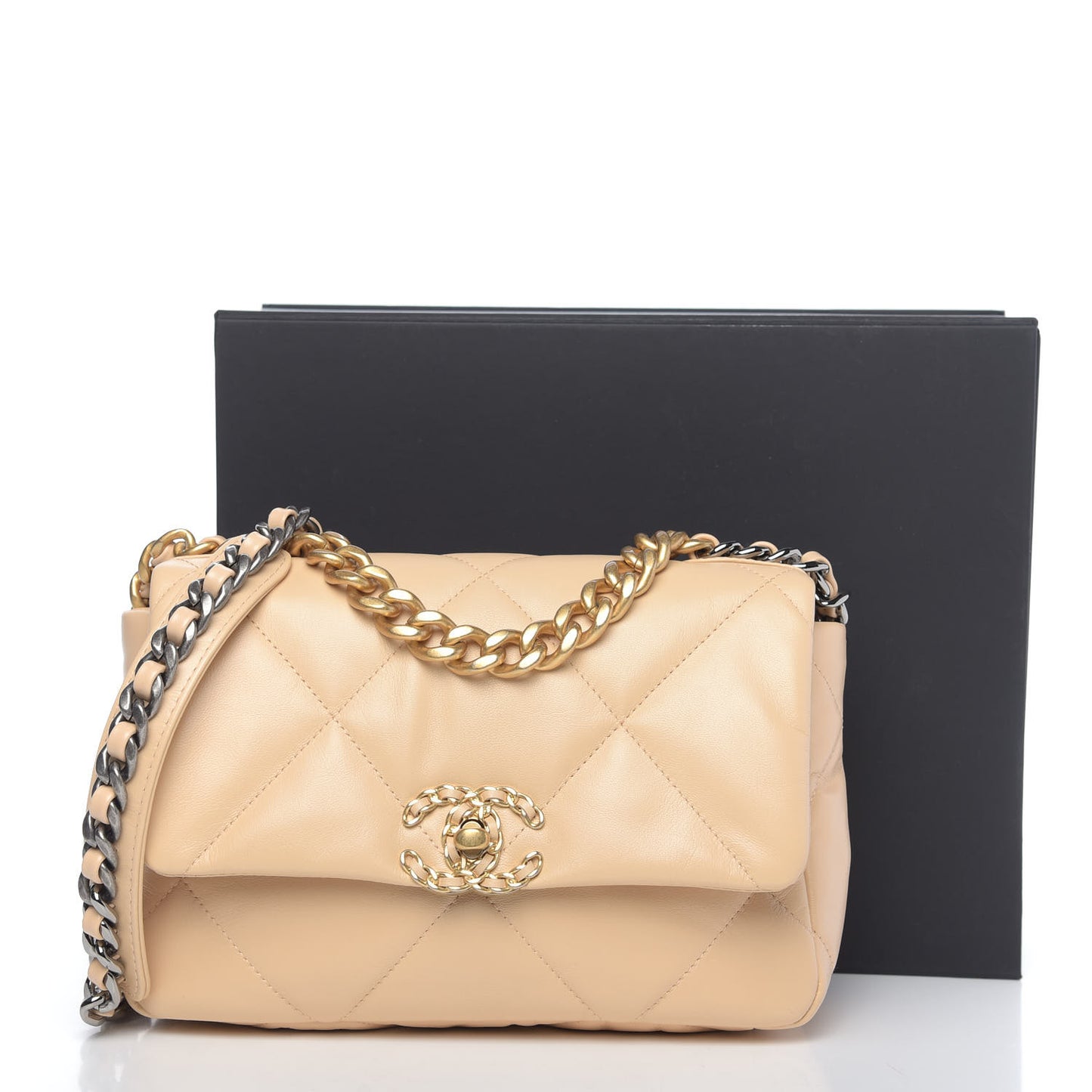 Shiny Goatskin Quilted Medium Chanel 19 Flap Beige